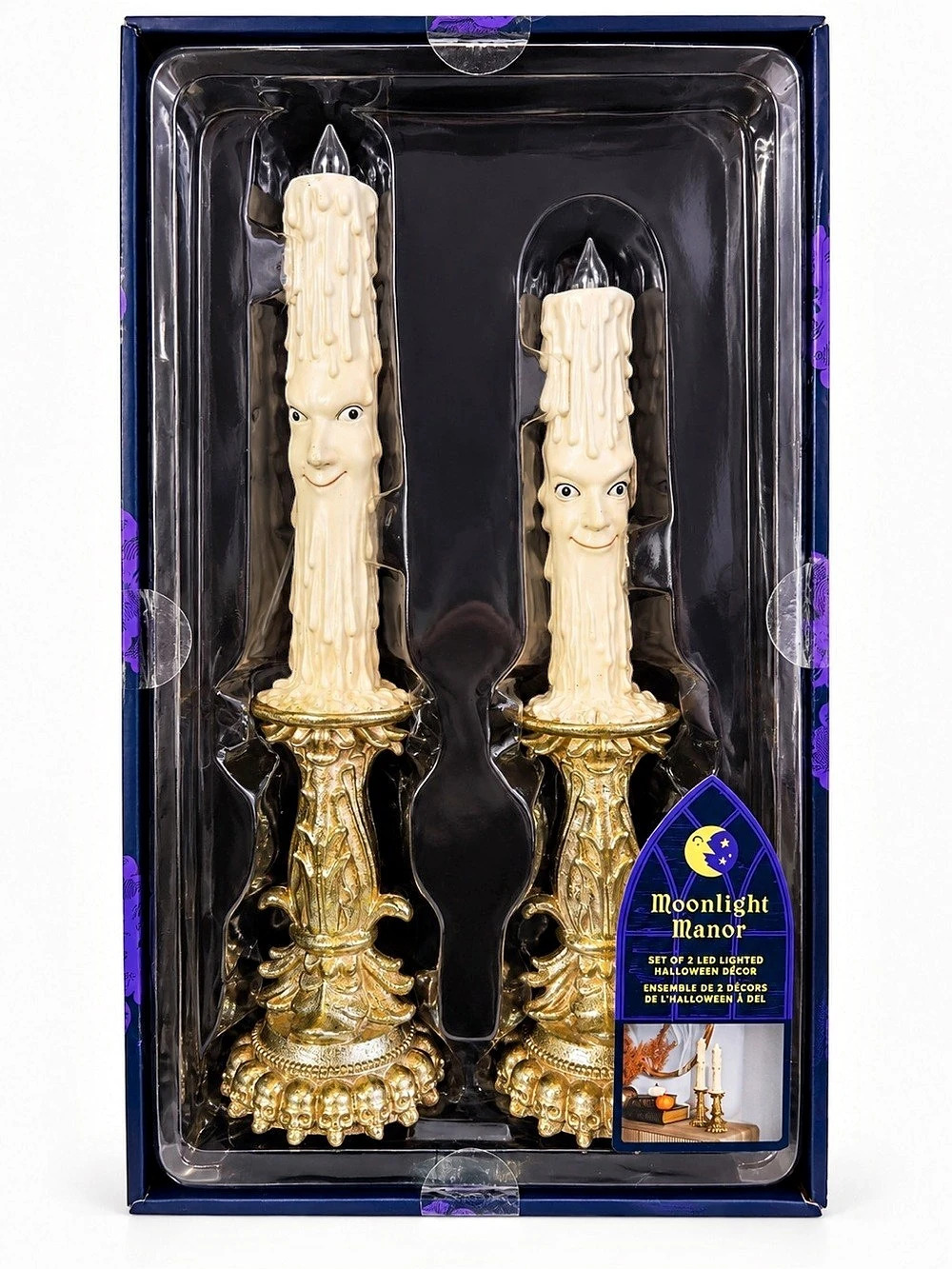 Moonlight Manor Set of 2 LED Lighted Face Candles Gold Holders Halloween Decor